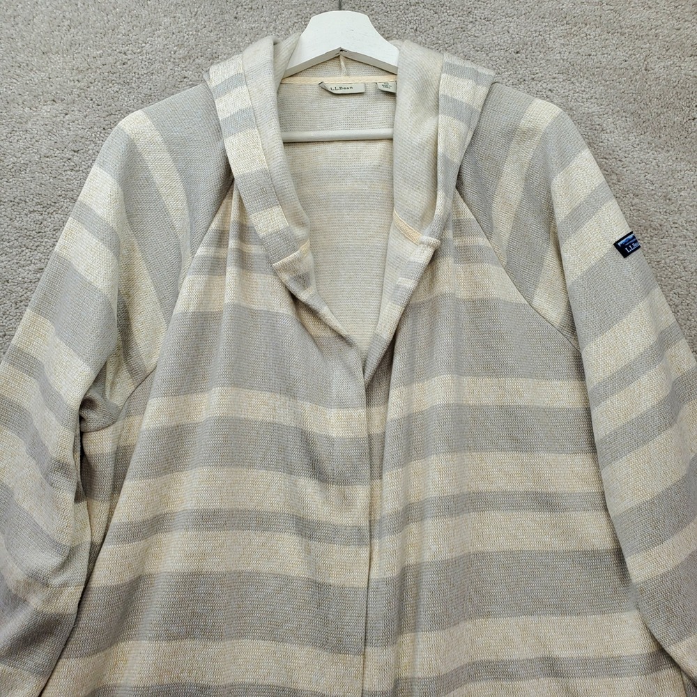 L.L.Bean Hooded Cardigan Womens XL Tan Cream Gray Striped Open Front  Casual